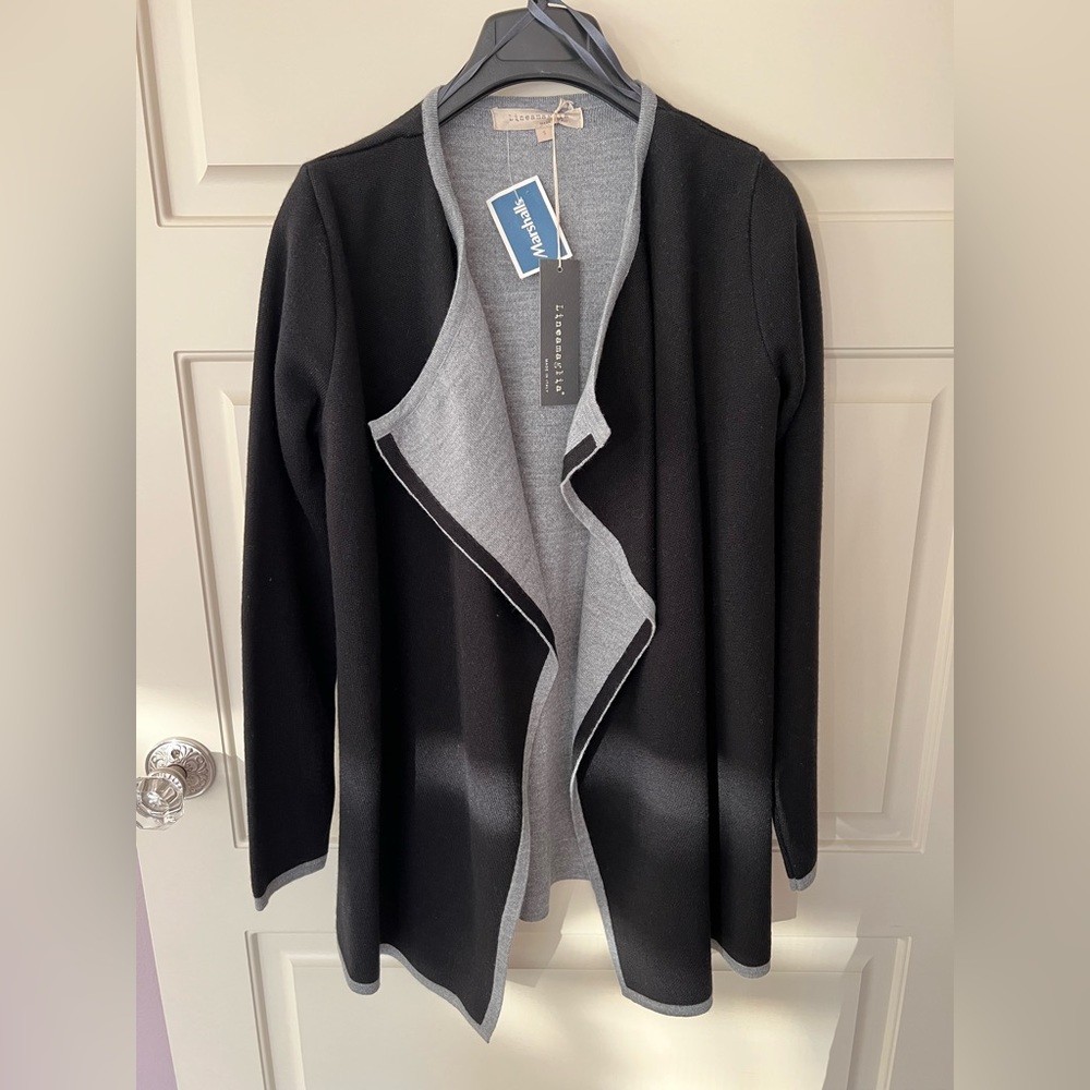 Lineamaglia Black and Gray Draped Open Front Sweater (NWT)